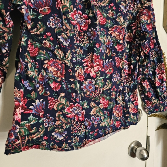 Vintage 90s Y2K Botanical Floral Navy Blue Womens 100% Cotton Button Up Shirt - Picture 10 of 13